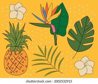 Modern pattern with pineapple,  flowers, leaves and heart. Summer vibes. Vector texture for textile, wrapping paper, packaging etc. Vector illustration. Tropical summer concept vector pattern.