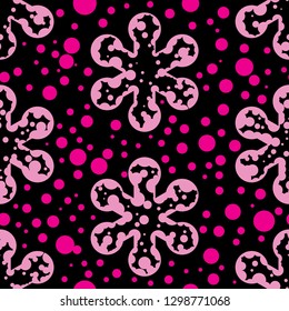 The modern pattern of pink snowflakes. Snowing seamless pattern. Black background. Vector drawing repeat pattern. Endless wallpaper style. 