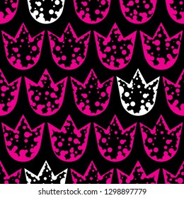 The modern pattern of pink tulips. Floral seamless pattern. Black background. Vector drawing repeat pattern of flowers. Endless wallpaper style. Concept art for textile design.