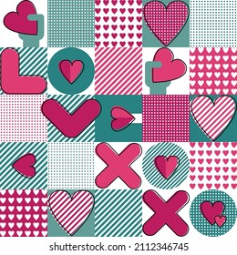 Modernes Muster mit rosafarbener, valentiner geometrischer Liebe auf weißem Hintergrund für die Gestaltung der Feierlichkeiten. Nahtlose Textur. Kreativer Zierdruck. Valentinstag.