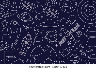 Modern pattern of planet, star, comet, with different rockets. Universe line drawings. Cosmos. Trendy space signs, constellation, moon. Outline, doodle style, icon, sketch. on blue dark background.