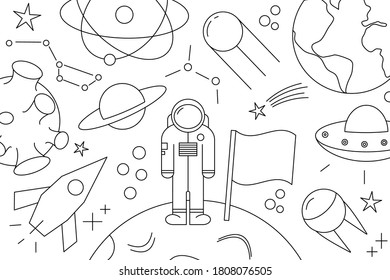 Modern pattern of planet, star, comet, with different rockets. Universe line drawings. Cosmos. Trendy space signs, constellation, moon. Outline, doodle style, icon, sketch. on white background.