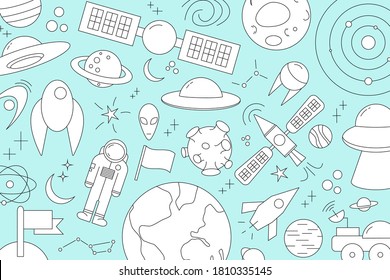 Modern pattern of planet, star, comet, with different rockets. Universe line drawings. Cosmos. Trendy space signs, constellation, moon. Outline, doodle style, icon, sketch. on blue background.