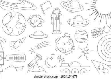 Modern pattern of planet, star, comet, with different rockets. Universe line drawings. Cosmos. Trendy space signs, constellation, moon. Outline, doodle style, icon, sketch. on white background.
