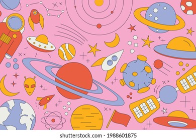 Modern pattern of planet, star, comet. with different rockets. Universe line drawings. Cosmos. Trendy space signs constellation moon. doodle style icon, sketch on dark background