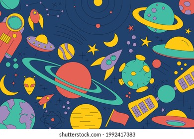 Modern pattern of planet, star, comet. with different rockets. Universe line drawings. Cosmos. Trendy space signs constellation moon. doodle style icon, sketch on dark background