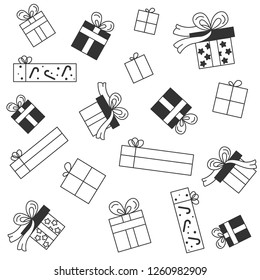 Modern pattern with simple vector illustrations of Christmas gifts in Nordic and Scandinavian style. Black and white. Festive the​me for birthdays or Valentine's Day. Presents with big bows.