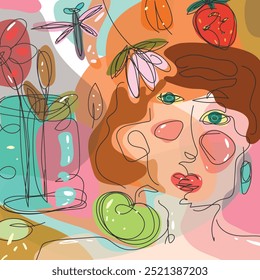  Modern pattern with spits, line, dots. face, animal, flower, fruits cute colorfull illustration.