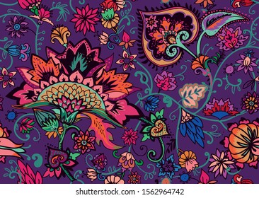 Modern pattern in the style of traditional oriental paisley patterns. Seamless pattern for textiles, wallpapers, covers and the like. Floral elements, hand drawing. Seamless background.