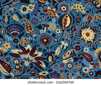 Modern pattern in the style of traditional oriental paisley patterns. Seamless pattern for textiles, wallpapers, covers and the like. Floral elements, hand drawing. Seamless background.