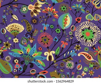 Modern pattern in the style of traditional oriental paisley patterns. Seamless pattern for textiles, wallpapers, covers and the like. Floral elements, hand drawing. Seamless background.