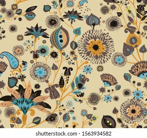 Modern pattern in the style of traditional oriental paisley patterns. Seamless pattern for textiles, wallpapers, covers and the like. Floral elements, hand drawing. Seamless background.