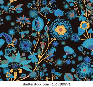 Modern pattern in the style of traditional oriental paisley patterns. Seamless pattern for textiles, wallpapers, covers and the like. Floral elements, hand drawing. Seamless background.