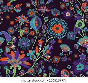 Modern pattern in the style of traditional oriental paisley patterns. Seamless pattern for textiles, wallpapers, covers and the like. Floral elements, hand drawing. Seamless background.