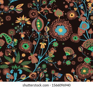 Modern pattern in the style of traditional oriental paisley patterns. Seamless pattern for textiles, wallpapers, covers and the like. Floral elements, hand drawing. Seamless background.