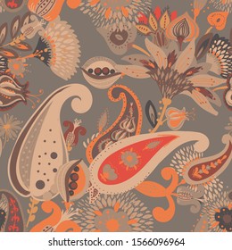 Modern pattern in the style of traditional oriental paisley patterns. Seamless pattern for textiles, wallpapers, covers and the like. Floral elements, hand drawing. Seamless background.