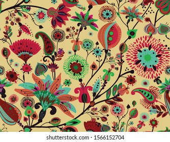 Modern pattern in the style of traditional oriental paisley patterns. Seamless pattern for textiles, wallpapers, covers and the like. Floral elements, hand drawing. Seamless background.