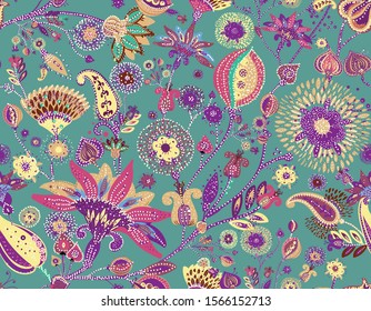 Modern pattern in the style of traditional oriental paisley patterns. Seamless pattern for textiles, wallpapers, covers and the like. Floral elements, hand drawing. Seamless background.