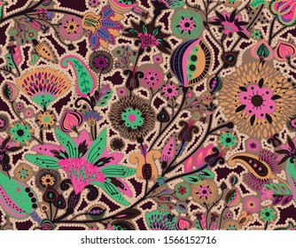 Modern pattern in the style of traditional oriental paisley patterns. Seamless pattern for textiles, wallpapers, covers and the like. Floral elements, hand drawing. Seamless background.