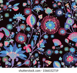 Modern pattern in the style of traditional oriental paisley patterns. Seamless pattern for textiles, wallpapers, covers and the like. Floral elements, hand drawing. Seamless background.