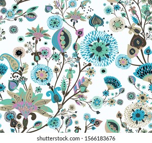 Modern pattern in the style of traditional oriental paisley patterns. Seamless pattern for textiles, wallpapers, covers and the like. Floral elements, hand drawing. Seamless background.
