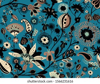 Modern pattern in the style of traditional oriental paisley patterns. Seamless pattern for textiles, wallpapers, covers and the like. Floral elements, hand drawing. Seamless background.