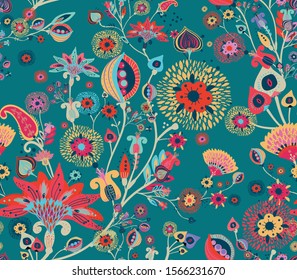 Modern pattern in the style of traditional oriental paisley patterns. Seamless pattern for textiles, wallpapers, covers and the like. Floral elements, hand drawing. Seamless background.