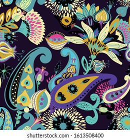 Modern pattern in the style of traditional oriental paisley patterns. Seamless pattern for textiles, wallpapers, covers and the like. Floral elements, hand drawing. Seamless background.