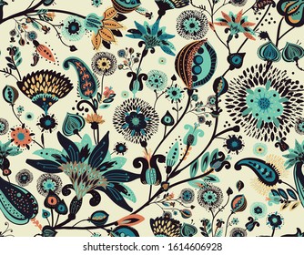 Modern pattern in the style of traditional oriental paisley patterns. Seamless pattern for textiles, wallpapers, covers and the like. Floral elements, hand drawing. Seamless background.