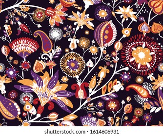 Modern pattern in the style of traditional oriental paisley patterns. Seamless pattern for textiles, wallpapers, covers and the like. Floral elements, hand drawing. Seamless background.
