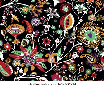 Modern pattern in the style of traditional oriental paisley patterns. Seamless pattern for textiles, wallpapers, covers and the like. Floral elements, hand drawing. Seamless background.