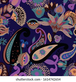 Modern pattern in the style of traditional oriental paisley patterns. Seamless pattern for textiles, wallpapers, covers and the like. Floral elements, hand drawing. Seamless background.