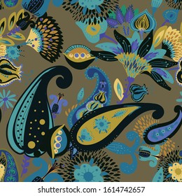 Modern pattern in the style of traditional oriental paisley patterns. Seamless pattern for textiles, wallpapers, covers and the like. Floral elements, hand drawing. Seamless background.