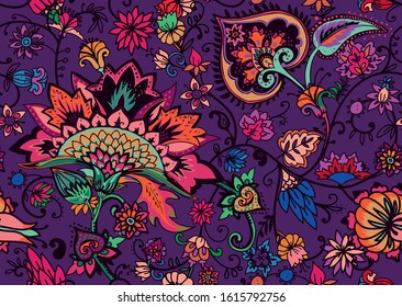 Modern pattern in the style of traditional oriental paisley patterns. Seamless pattern for textiles, wallpapers, covers and the like. Floral elements, hand drawing. Seamless background.
