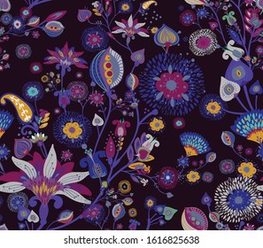 Modern pattern in the style of traditional oriental paisley patterns. Seamless pattern for textiles, wallpapers, covers and the like. Floral elements, hand drawing. Seamless background.