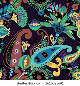 Modern pattern in the style of traditional oriental paisley patterns. Seamless pattern for textiles, wallpapers, covers and the like. Floral elements, hand drawing. Seamless background.