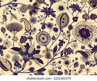 Modern pattern in the style of traditional oriental paisley patterns. Seamless pattern for textiles, wallpapers, covers and the like. Floral elements, hand drawing. Seamless background.