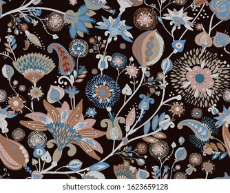 Modern pattern in the style of traditional oriental paisley patterns. Seamless pattern for textiles, wallpapers, covers and the like. Floral elements, hand drawing. Seamless background.