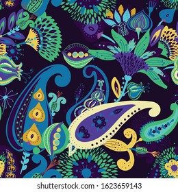 Modern pattern in the style of traditional oriental paisley patterns. Seamless pattern for textiles, wallpapers, covers and the like. Floral elements, hand drawing. Seamless background.