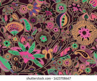 Modern pattern in the style of traditional oriental paisley patterns. Seamless pattern for textiles, wallpapers, covers and the like. Floral elements, hand drawing. Seamless background.