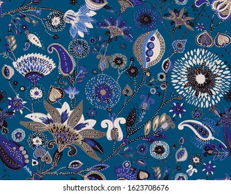 Modern pattern in the style of traditional oriental paisley patterns. Seamless pattern for textiles, wallpapers, covers and the like. Floral elements, hand drawing. Seamless background.