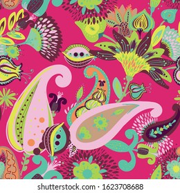 Modern pattern in the style of traditional oriental paisley patterns. Seamless pattern for textiles, wallpapers, covers and the like. Floral elements, hand drawing. Seamless background.