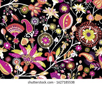 Modern pattern in the style of traditional oriental paisley patterns. Seamless pattern for textiles, wallpapers, covers and the like. Floral elements, hand drawing. Seamless background.