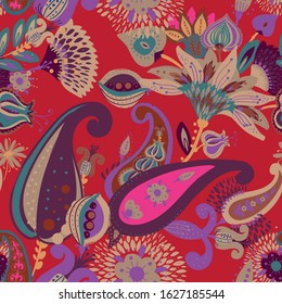 Modern pattern in the style of traditional oriental paisley patterns. Seamless pattern for textiles, wallpapers, covers and the like. Floral elements, hand drawing. Seamless background.