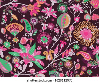 Modern pattern in the style of traditional oriental paisley patterns. Seamless pattern for textiles, wallpapers, covers and the like. Floral elements, hand drawing. Seamless background.