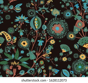 Modern pattern in the style of traditional oriental paisley patterns. Seamless pattern for textiles, wallpapers, covers and the like. Floral elements, hand drawing. Seamless background.