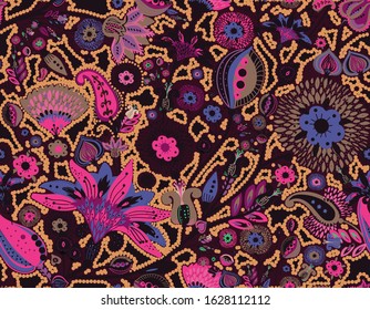 Modern pattern in the style of traditional oriental paisley patterns. Seamless pattern for textiles, wallpapers, covers and the like. Floral elements, hand drawing. Seamless background.