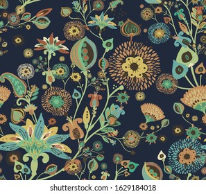 Modern pattern in the style of traditional oriental paisley patterns. Seamless pattern for textiles, wallpapers, covers and the like. Floral elements, hand drawing. Seamless background.