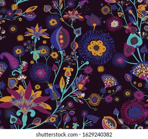 Modern pattern in the style of traditional oriental paisley patterns. Seamless pattern for textiles, wallpapers, covers and the like. Floral elements, hand drawing. Seamless background.