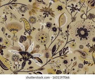 Modern pattern in the style of traditional oriental paisley patterns. Seamless pattern for textiles, wallpapers, covers and the like. Floral elements, hand drawing. Seamless background.